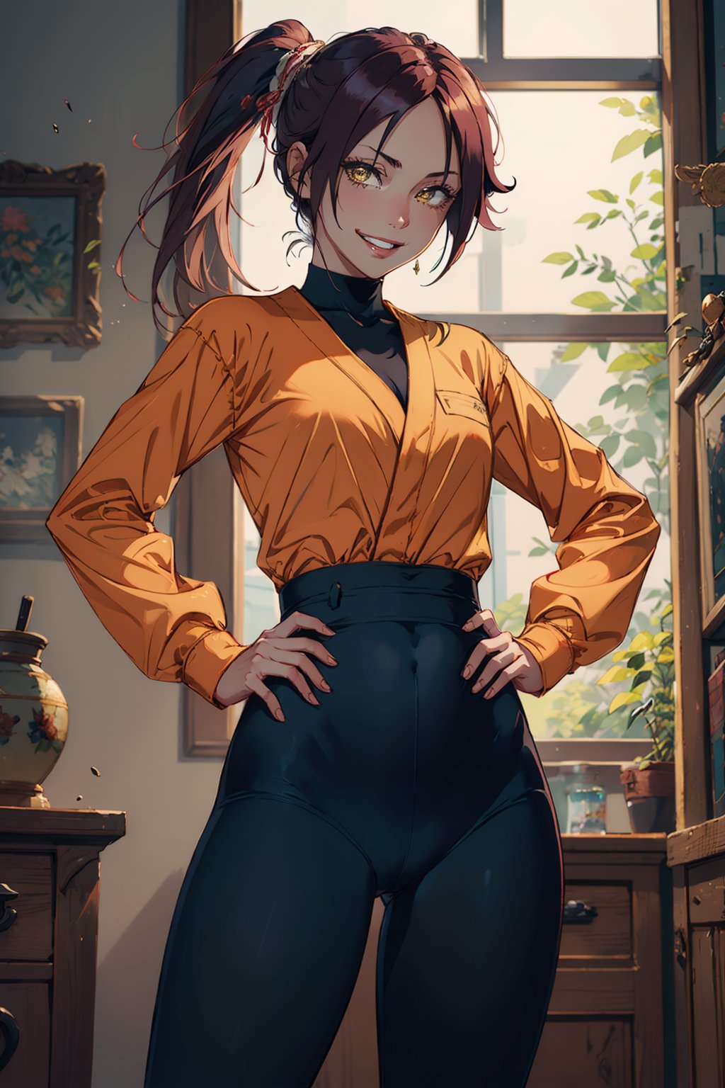 00007-3979994164-(masterpiece, best quality_1.2), , cowboy shot, solo, 1girl, shihouin yoruichi, grin, looking at viewer, hands on hips, ponytail.jpg